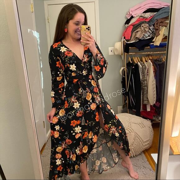 FARM Rio Brazil Black Floral Wrap Front Long Sleeve Maxi Dress Tropical XS - Picture 3 of 16